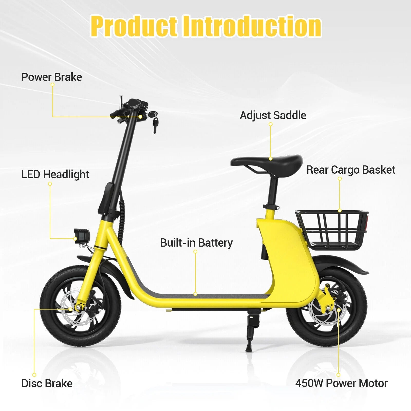 450W 36V Folding Sports Electric Scooters Bike E-Scooter with Seat Ebike Biycle Moped for Adult Commuter, Yellow