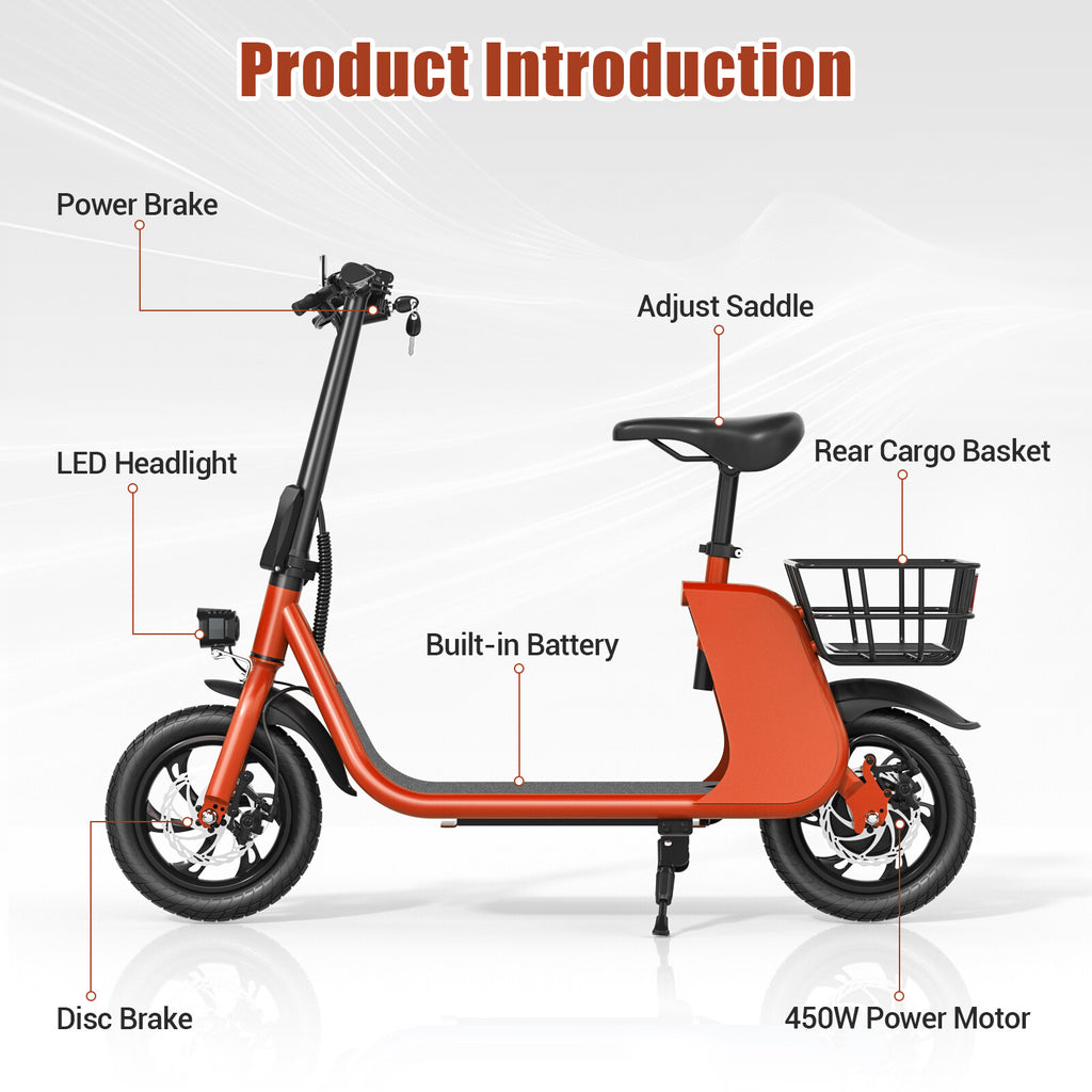450W Sports Electric Scooter Adult with Seat Electric Moped Ebike E-Scooter