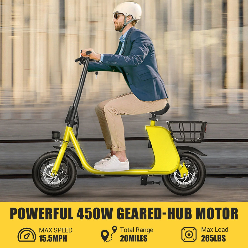 450W 36V Folding Sports Electric Scooters Bike E-Scooter with Seat Ebike Biycle Moped for Adult Commuter, Yellow