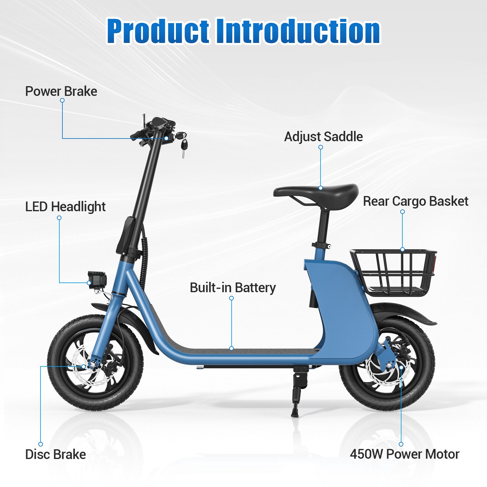450W Sports Electric Scooter Adult with Seat Electric Moped Ebike E-Scooter