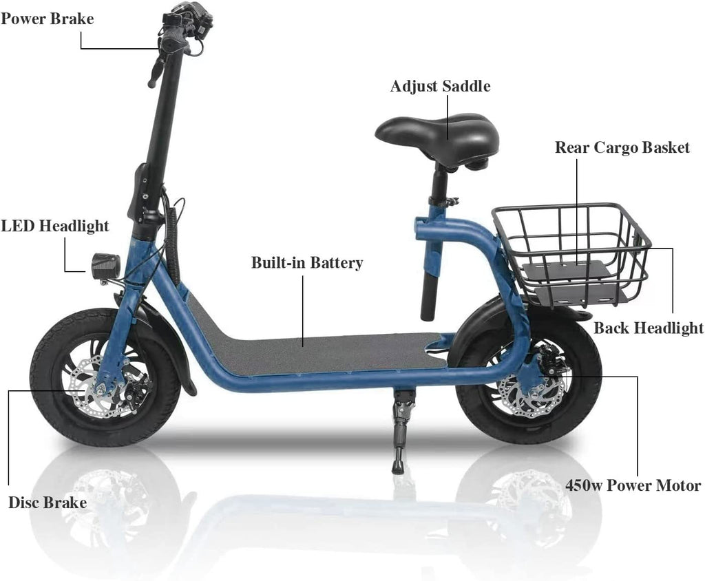 450W Sports Electric Scooter Adult with Seat Electric Moped Ebike E-Scooter