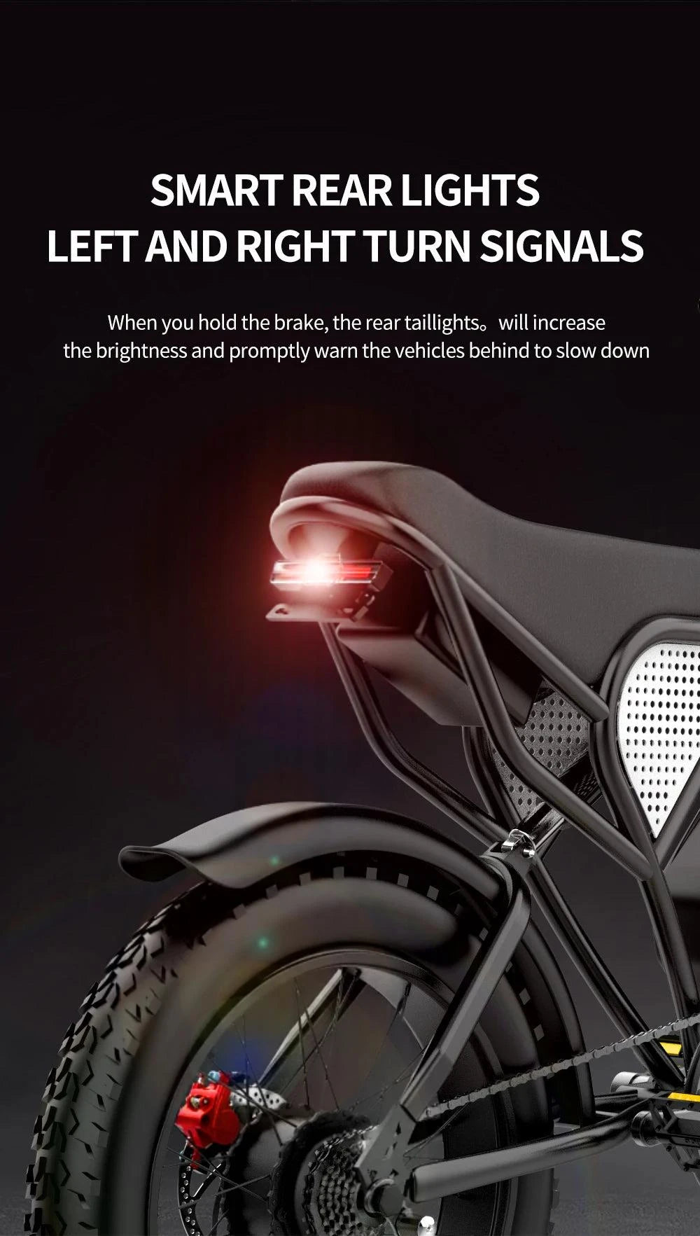 Electric bike rear smart lights with left and right turn-signal red LEDs