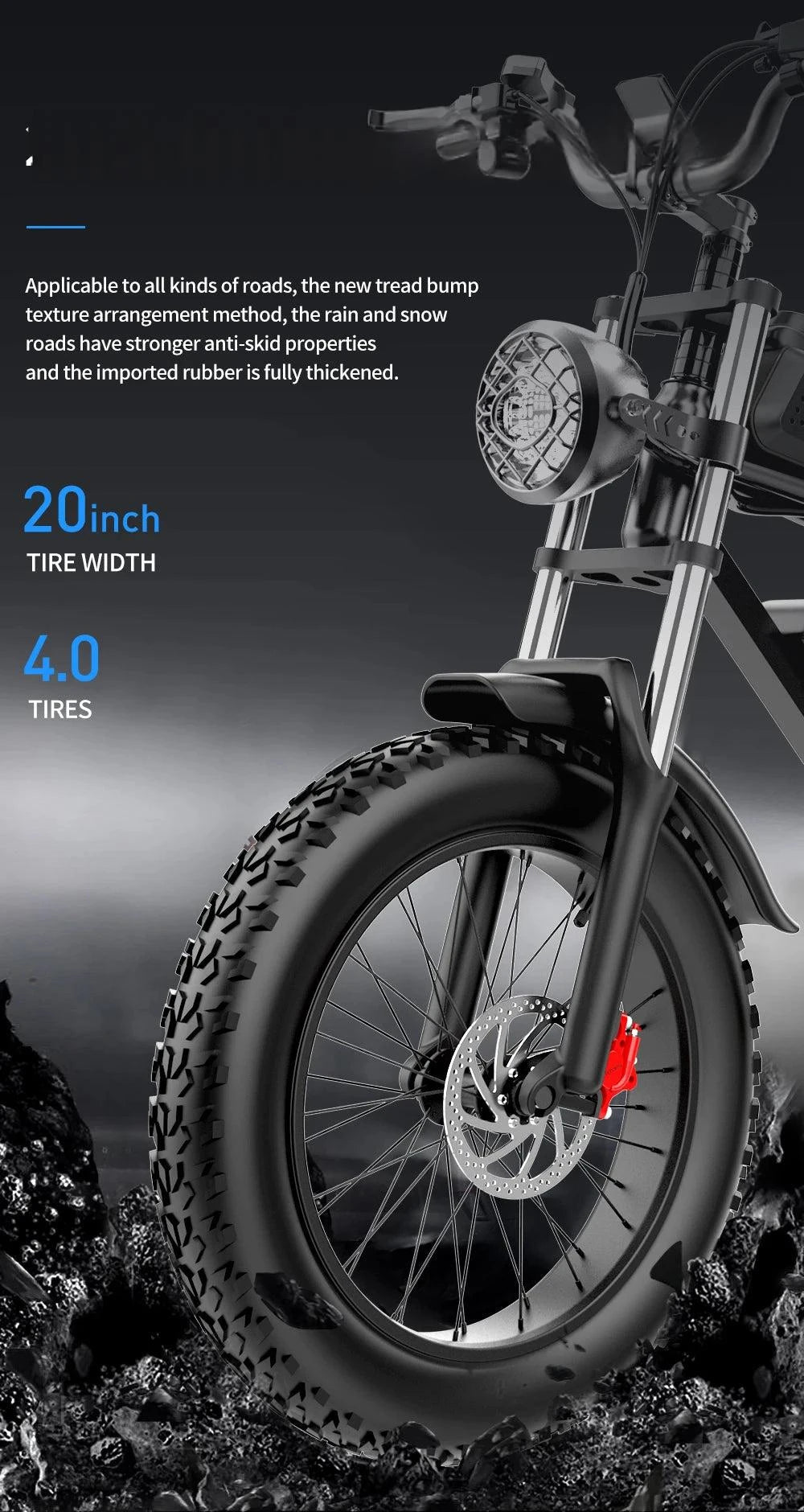 Electric bike 20-inch fat tire with 4.0 tire width and tread detail