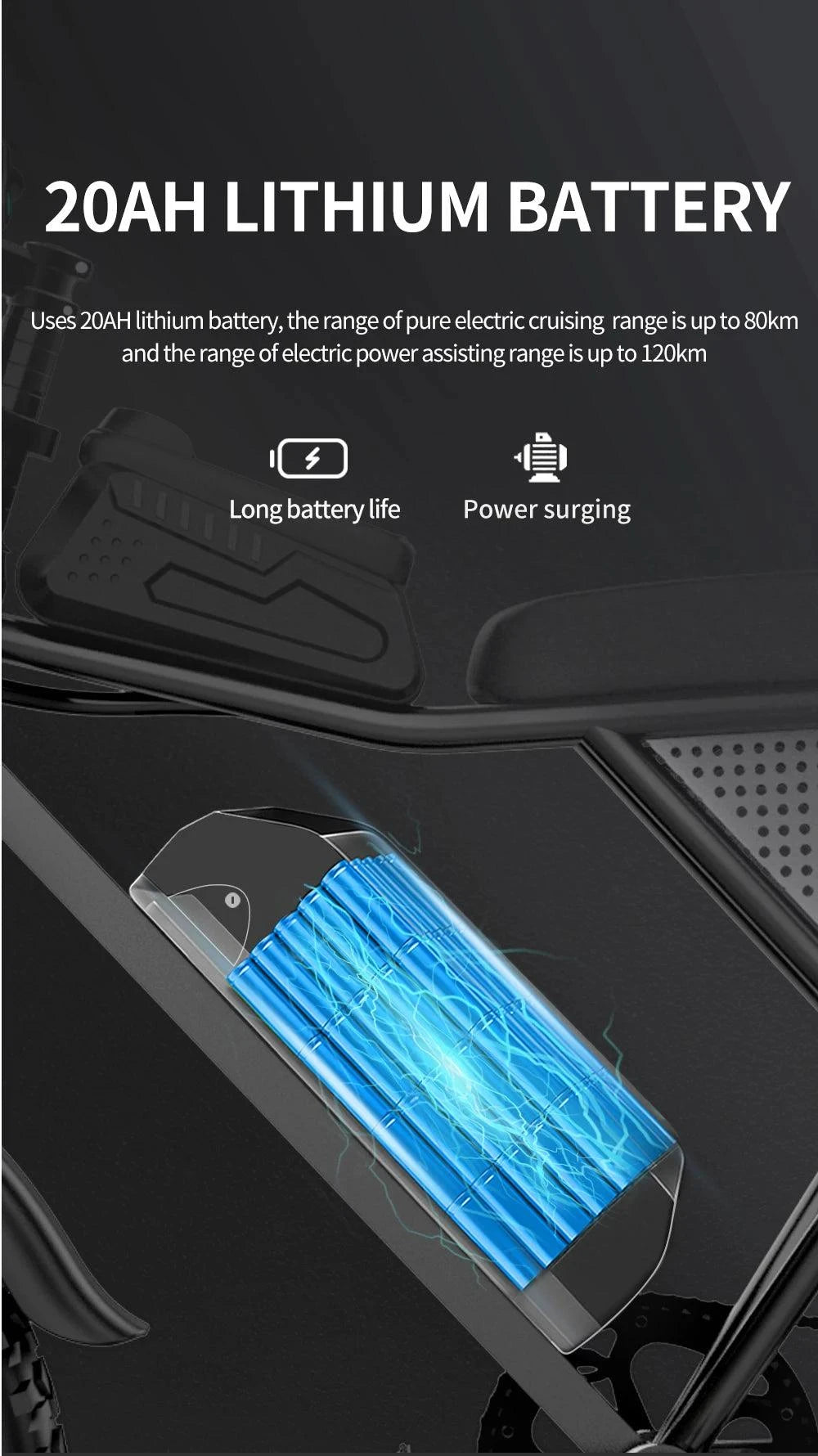 Electric bike lithium battery pack showing 20Ah and blue cell illustration
