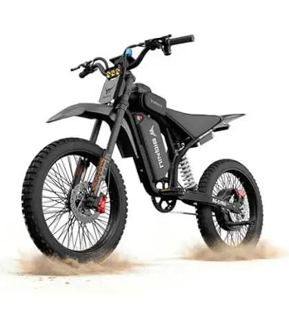 Black electric mountain bike with fat tires, full suspension, and disc brakes.