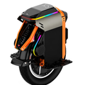 Black suspension electric unicycle with orange side panels and rainbow LED front strip