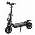 Black electric scooter with kickstand, front-left side view