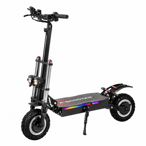 Black electric scooter with kickstand, front-left side view