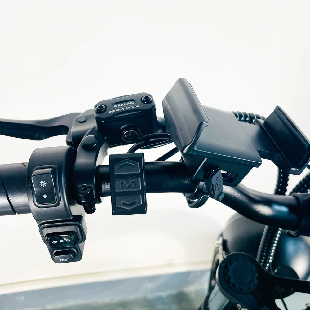 Electric bike handlebar controls with brake levers, switch buttons, and mounted device