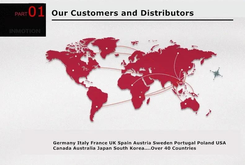 Electric unicycle distributor world map graphic with highlighted regions