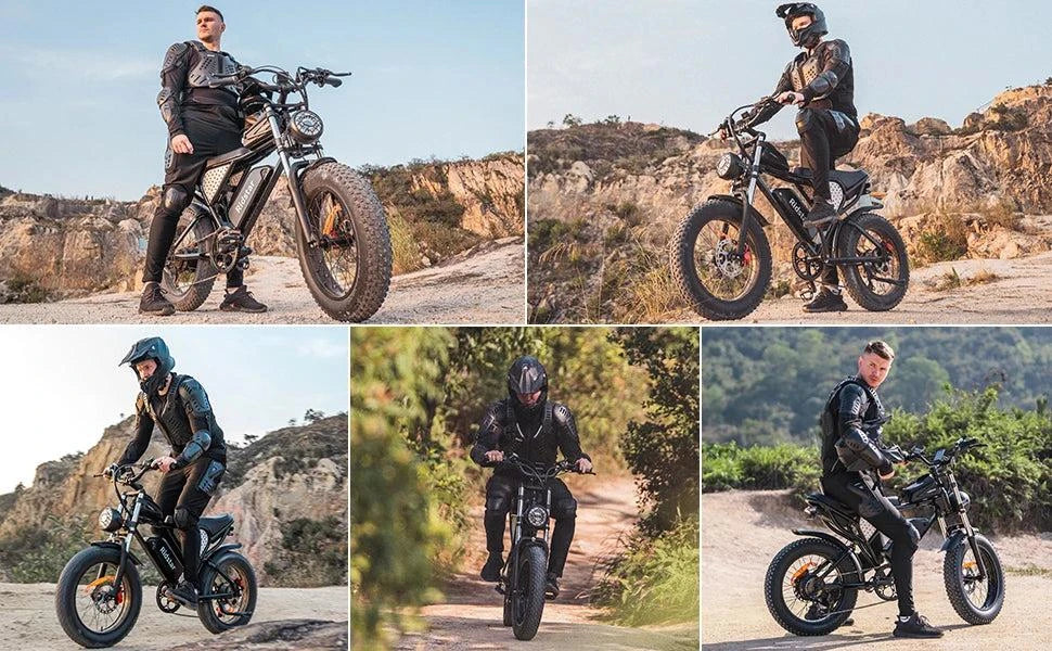 Electric bike rider action photos on trails and roads, showing fat-tire frame