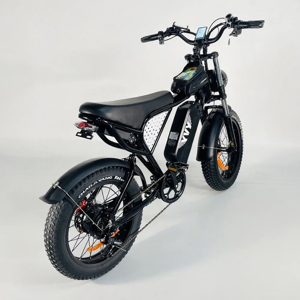 Electric fat-tire e-bike with rear rack, frame battery, front headlight, disc brakes