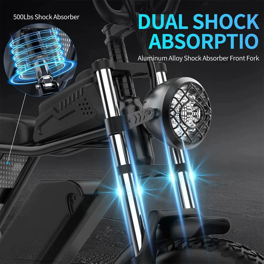Dual shock front fork with shock absorbers on electric fat-tire bike, blue light effect.