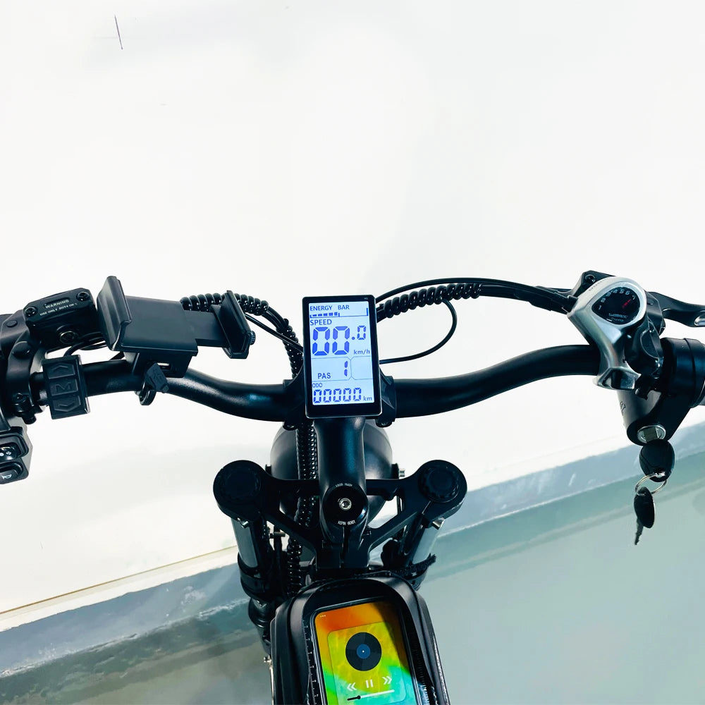 Electric bike handlebar with LCD speed screen and front headlight area