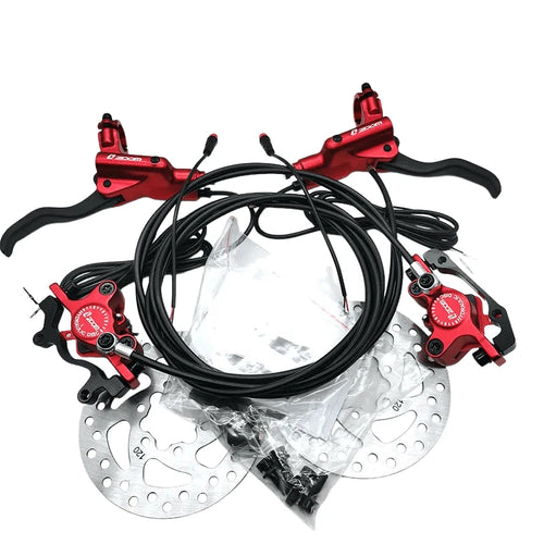 Hydraulic disc brake upgrade kit with red calipers, black hoses, and front/rear rotors