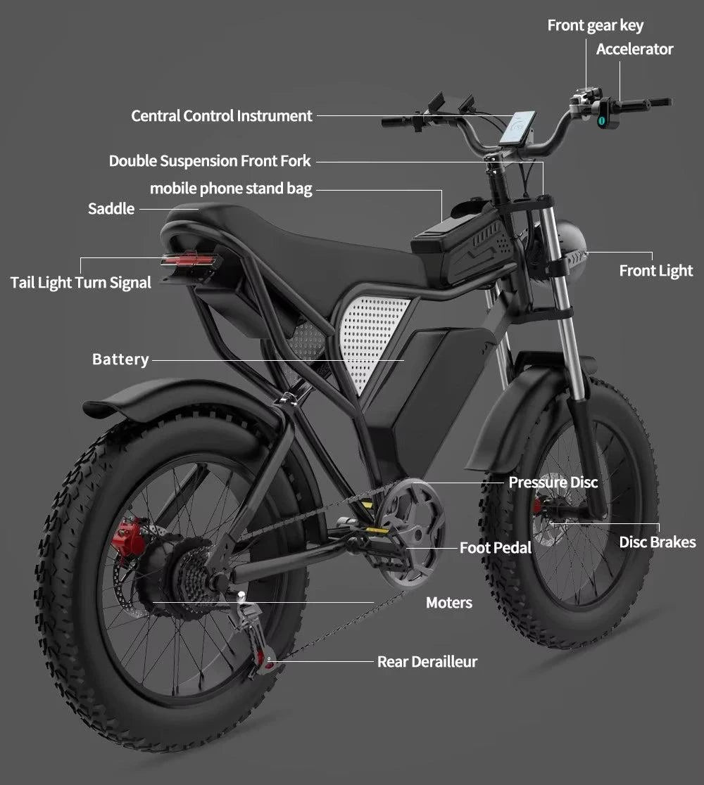 Electric fat-tire e-bike with front suspension, disc brakes, headlight and taillight