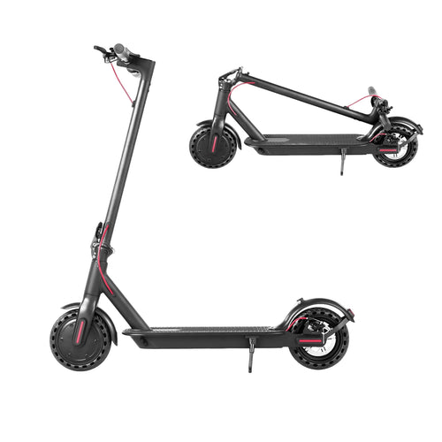 Folding adult electric scooter with black frame, front suspension, and solid tires