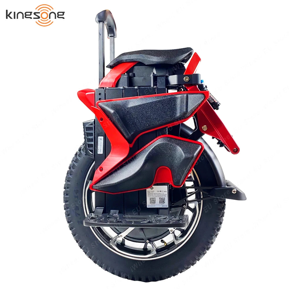 Red and black electric unicycle rear three-quarter view with tall handle and foot pedals.