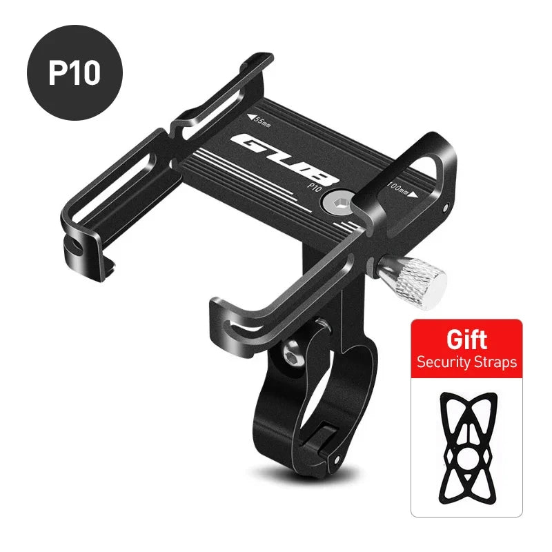 Black aluminum bike phone mount with handlebar clamp and knurled adjustment dial, P10