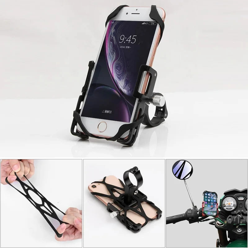 Aluminum phone mount holding a white smartphone with top and side clamps