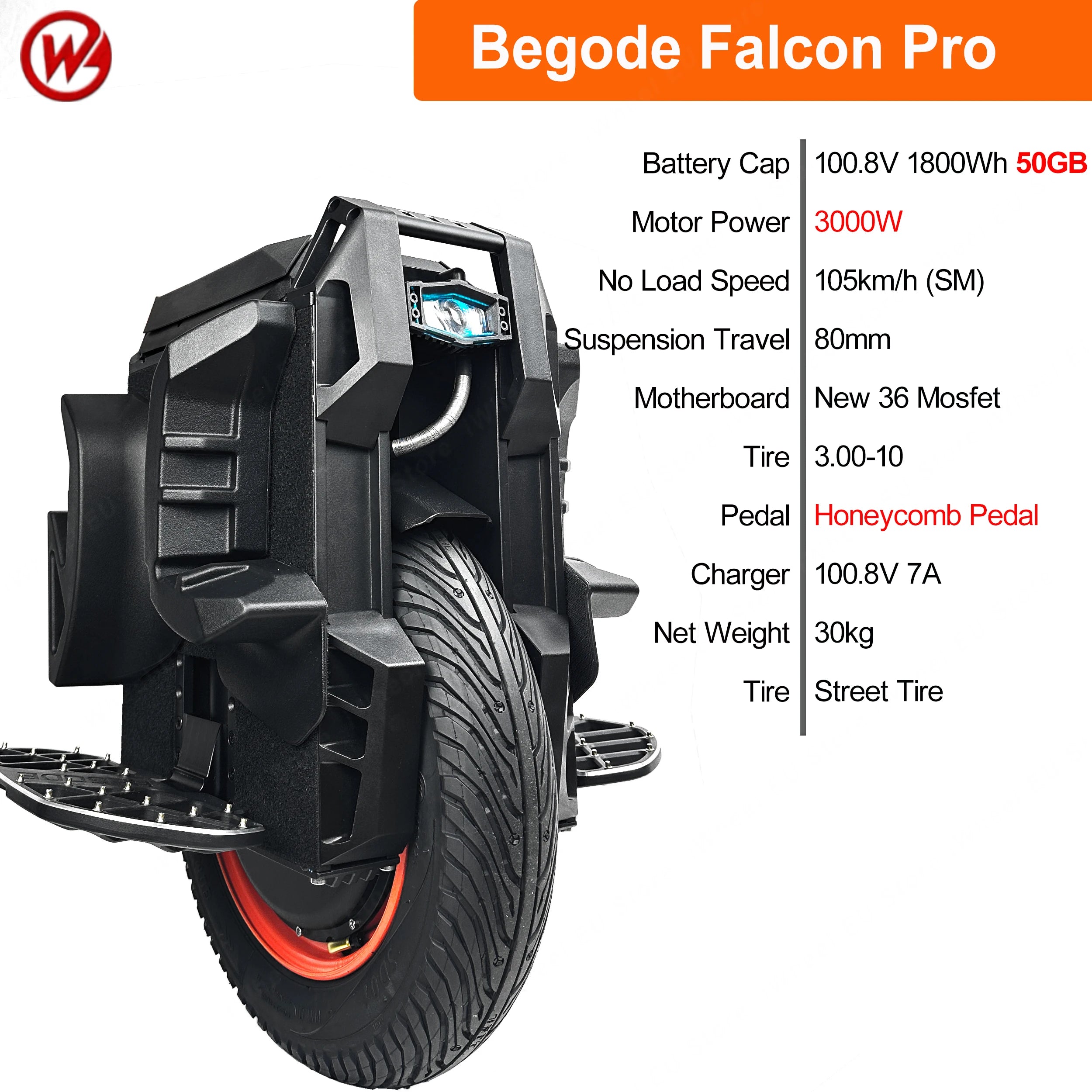 Begode Falcon Pro electric unicycle with black frame and street tire, side view