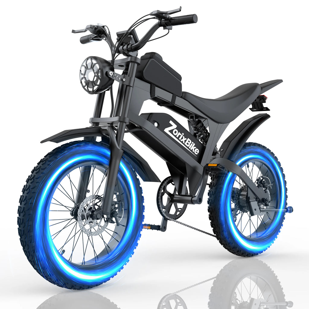ZorixBike electric dirt bike with glowing blue wheel rings, black and gray frame