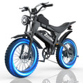 ZorixBike electric dirt bike with glowing blue wheel rings, black and gray frame
