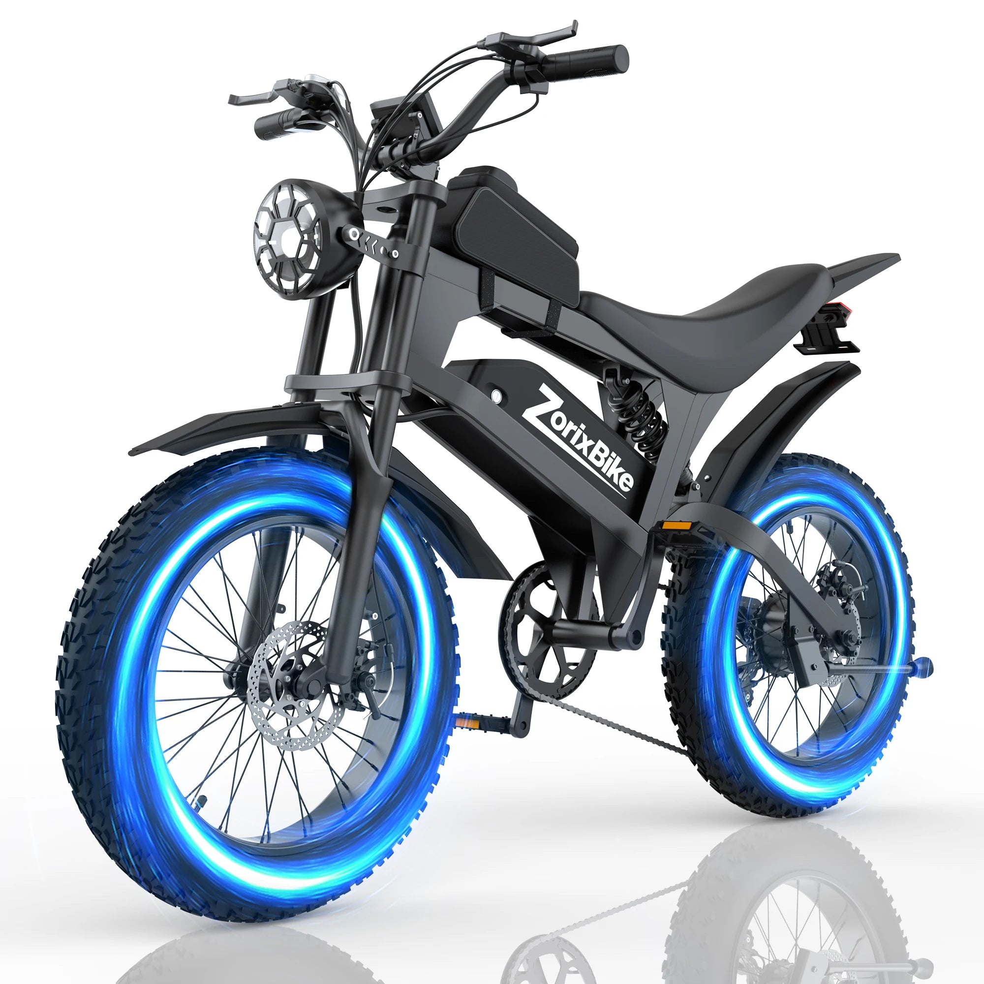 ZorixBike electric dirt bike with glowing blue wheel rings, black and gray frame