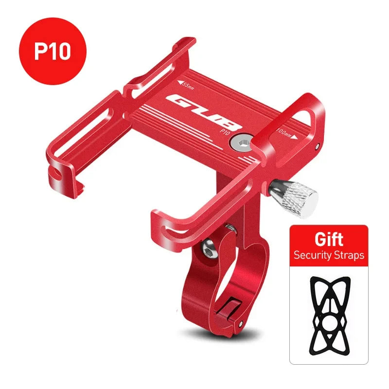 Red aluminum phone mount with handlebar clamp and included security straps