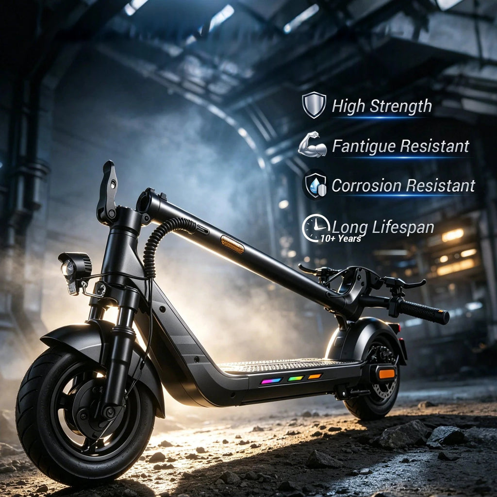 Compact electric scooter with front fork, wide deck, and rear wheel