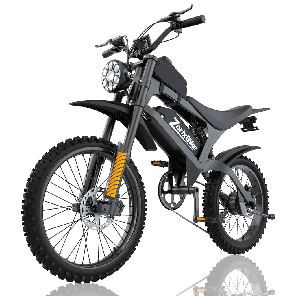ZorixBike electric dirt bike with front suspension and knobby tires, black and gray