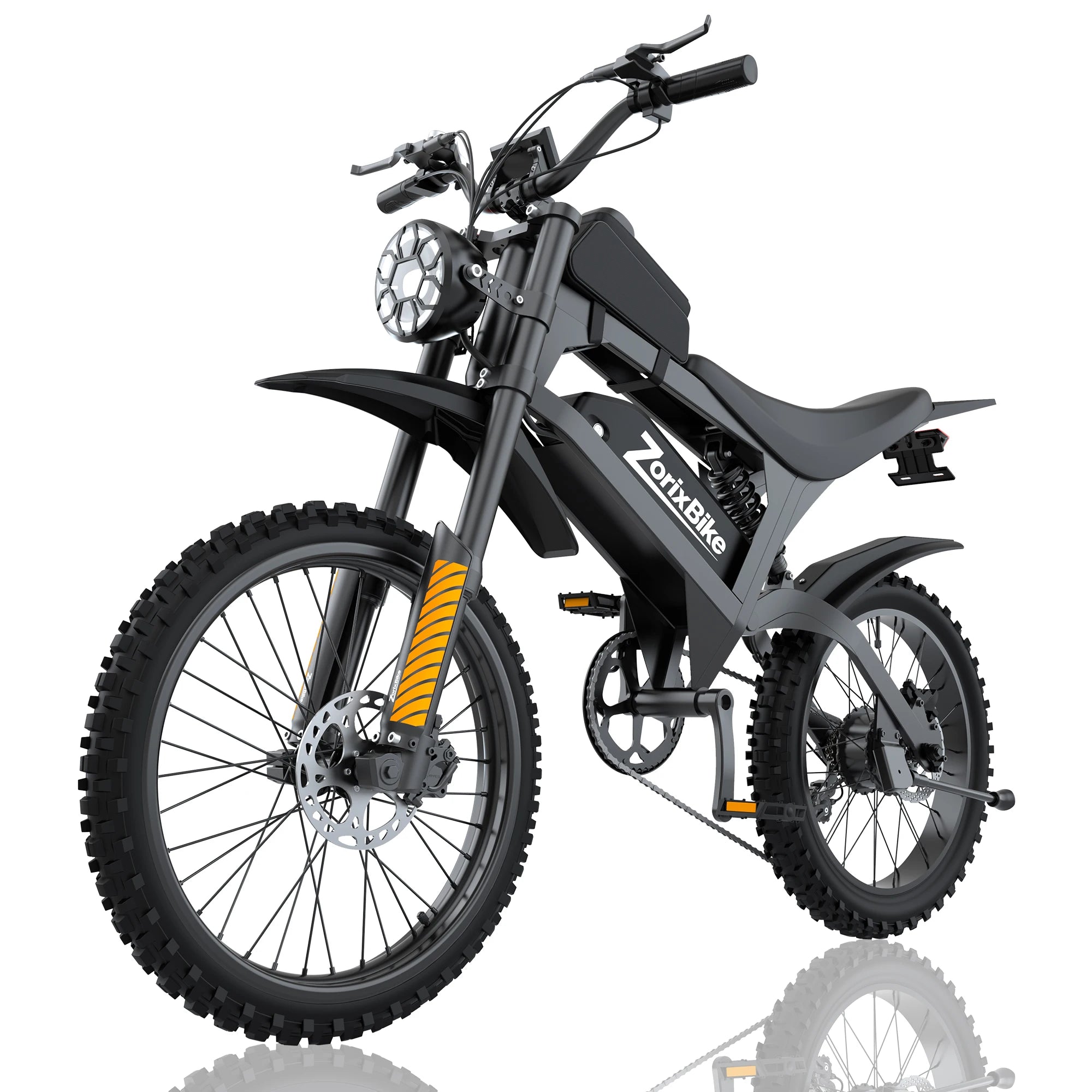 ZorixBike electric dirt bike with front suspension and knobby tires, black and gray