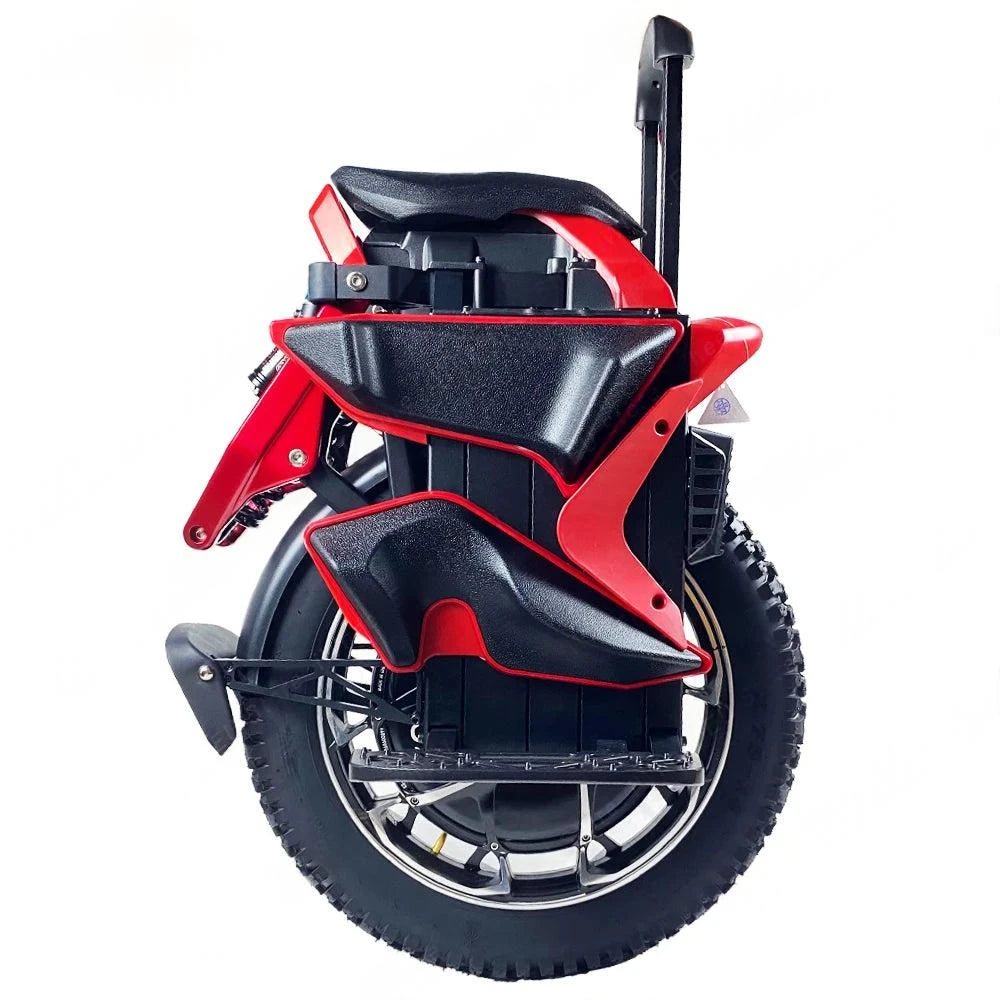 Red and black electric unicycle rear side view with trolley handle, tire, and pedal guards
