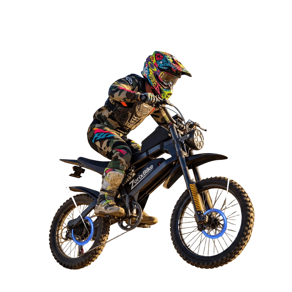 Rider on ZorixBike electric dirt bike with blue-accent wheels, black frame