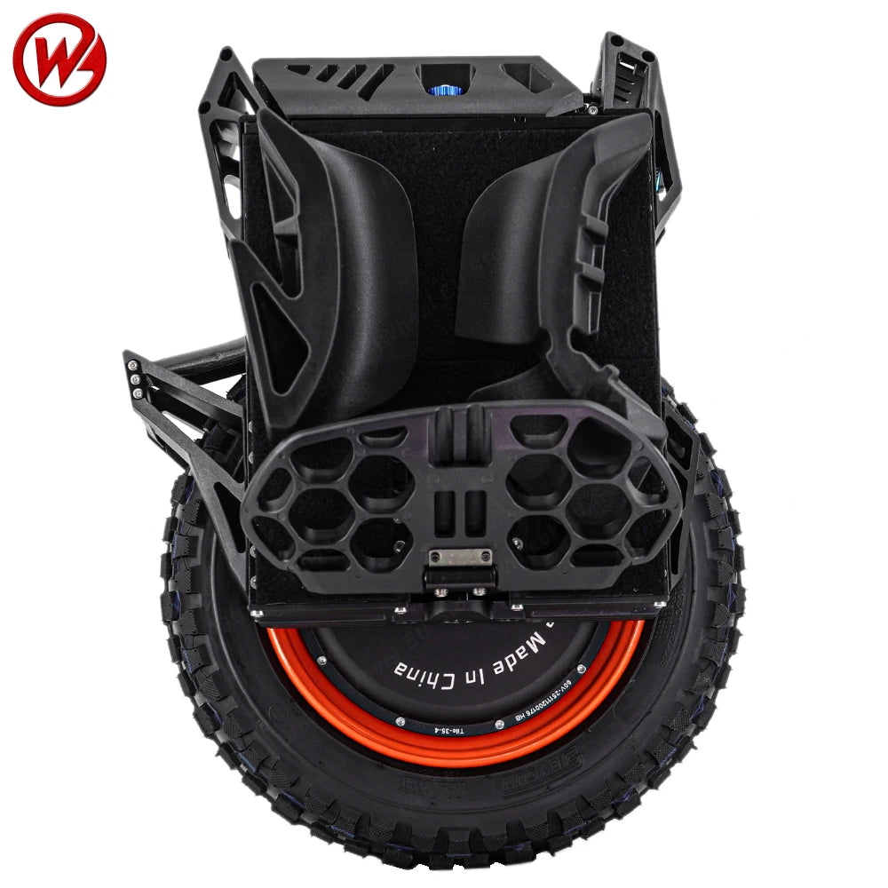 Electric unicycle side view with black alloy shell, knobby tire, and orange rim