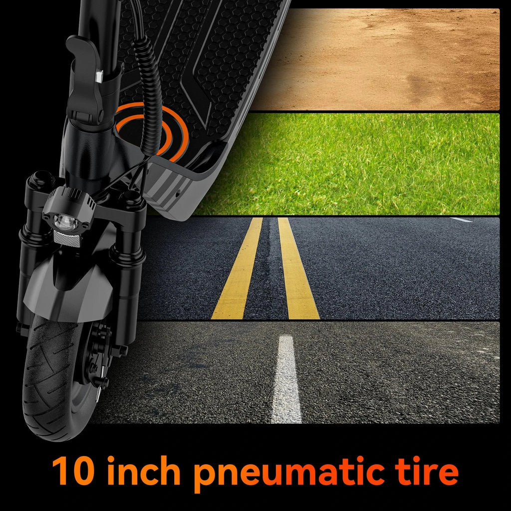 Electric scooter front wheel with 10-inch pneumatic tire and suspension