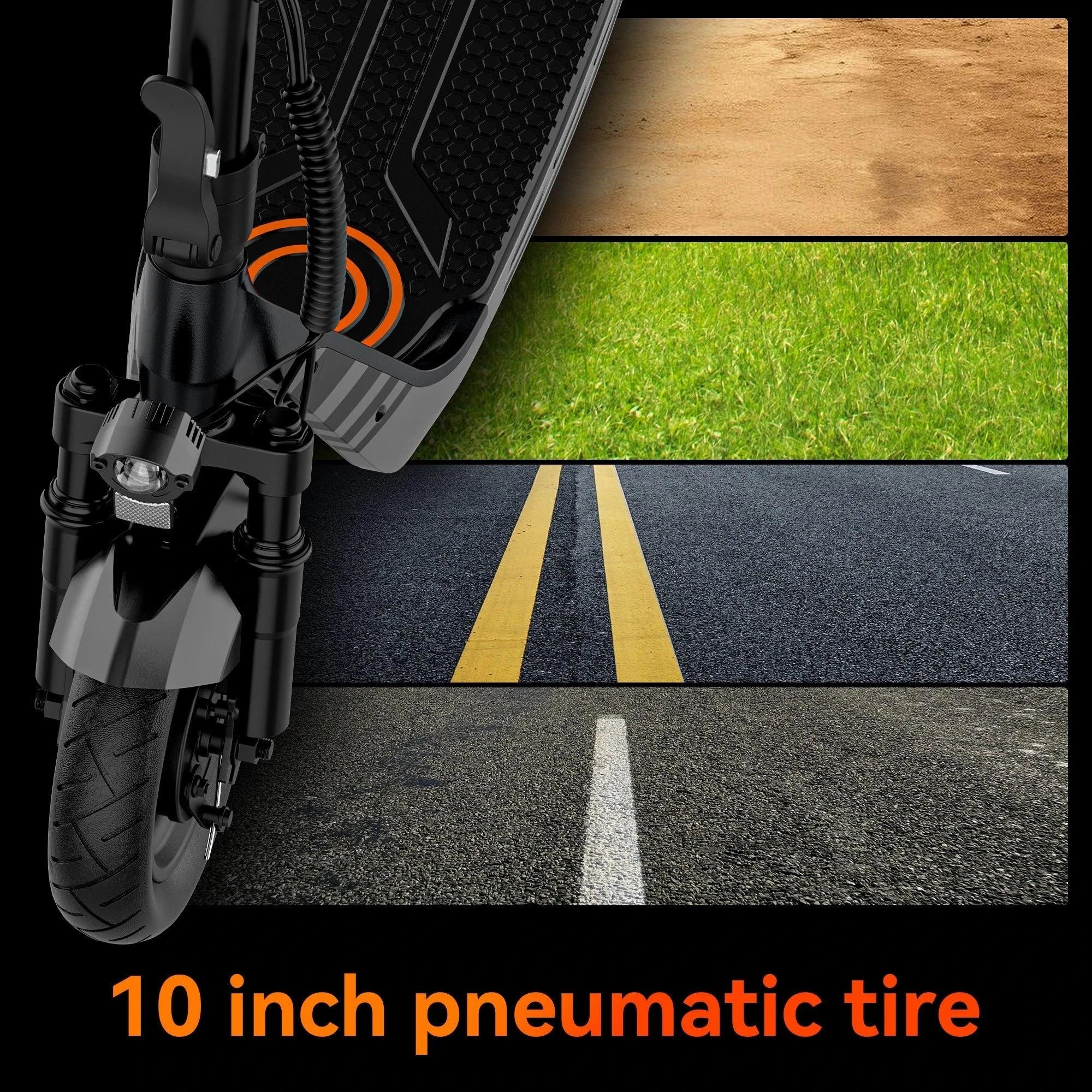 Electric scooter front wheel with 10-inch pneumatic tire and suspension