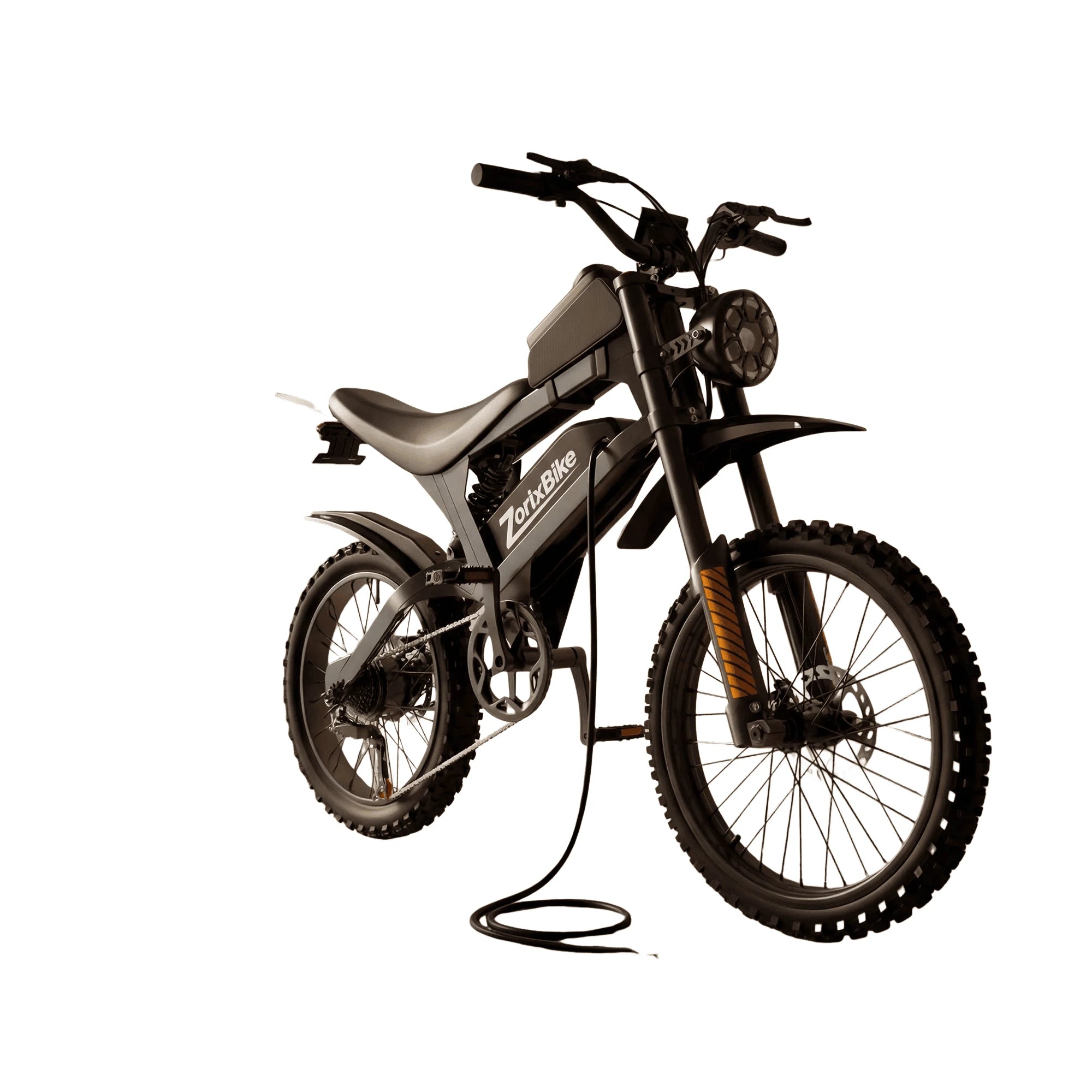 ZorixBike electric dirt bike with black fork and knobby tires, white frame