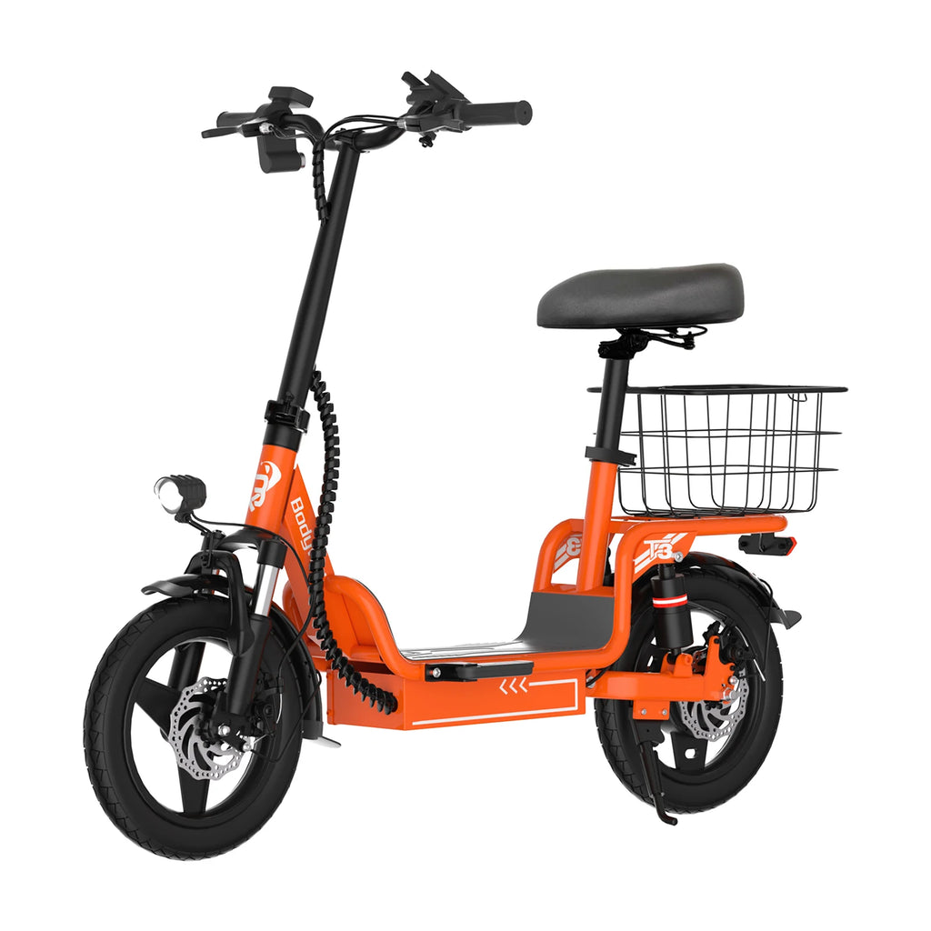 Orange folding electric bike with front wire basket, black handlebars, and rear fender