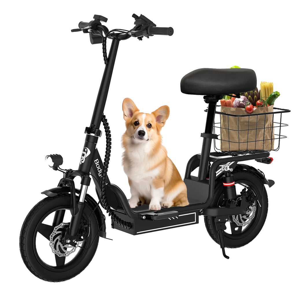 Black folding electric bike with front basket and headlight, with a sitting dog
