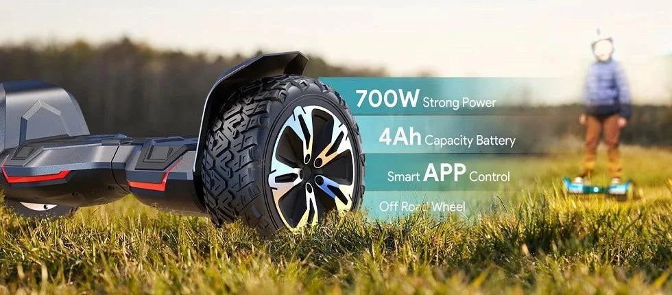 All-terrain hoverboard on grass with rugged tires and smart app control LEDs