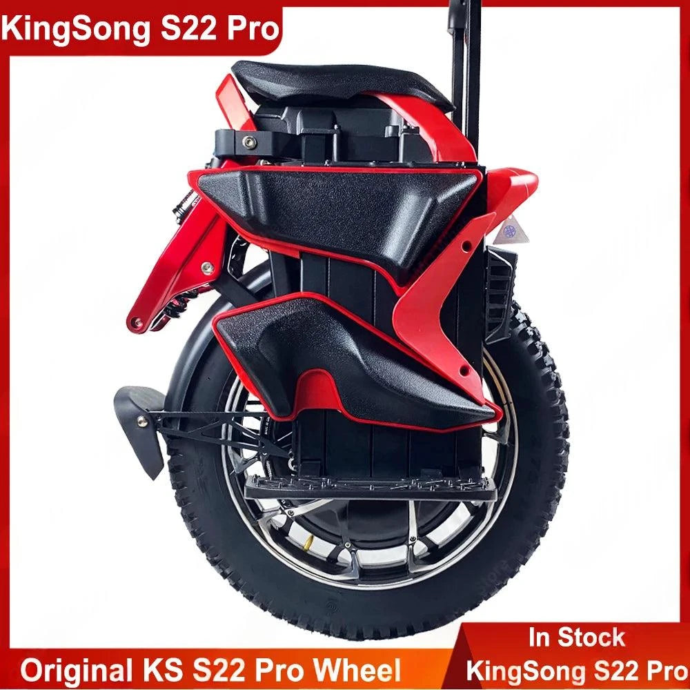 Red and black electric unicycle with front suspension and side support panels.