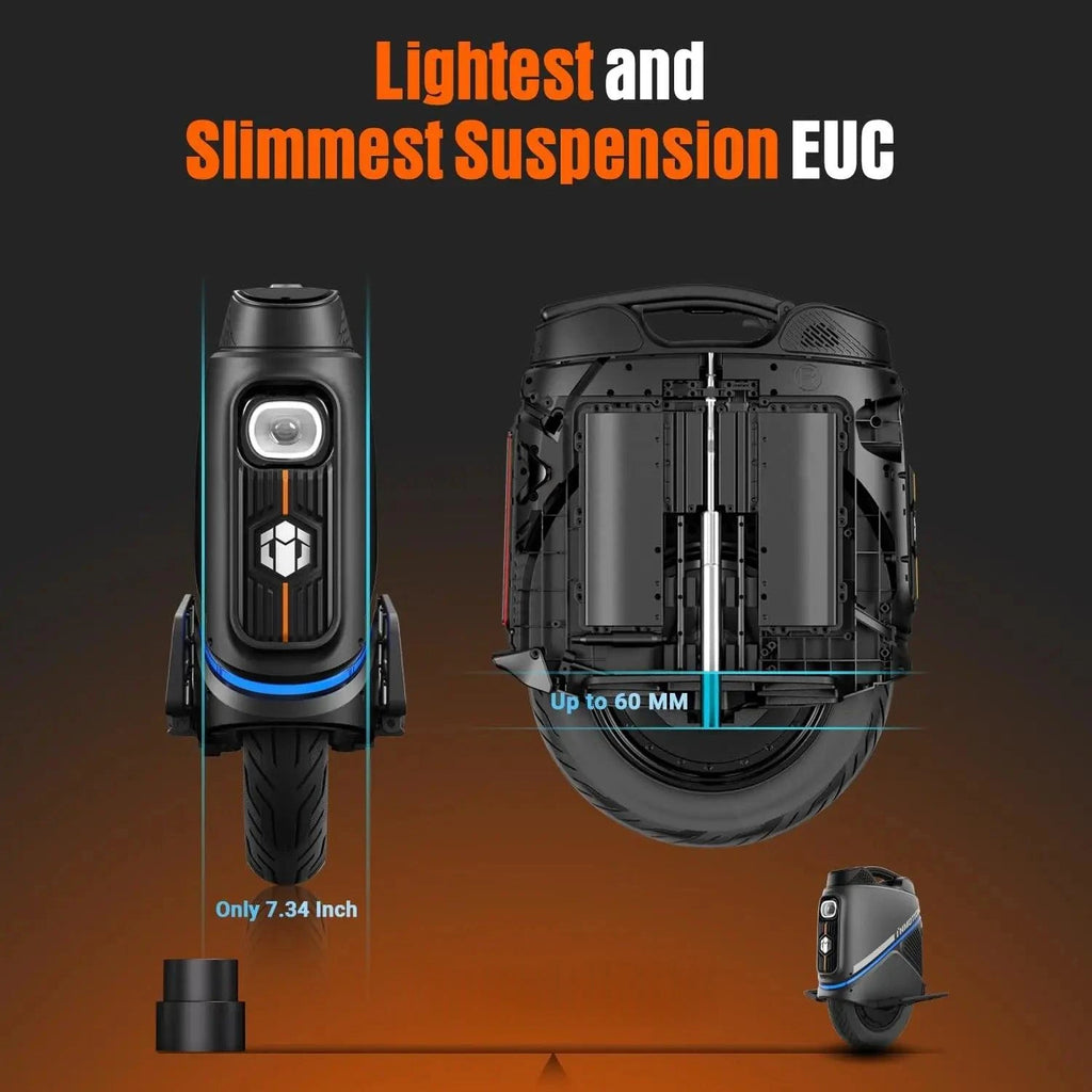 INMOTION V9 electric unicycle, slim side profile with black fender and blue accent