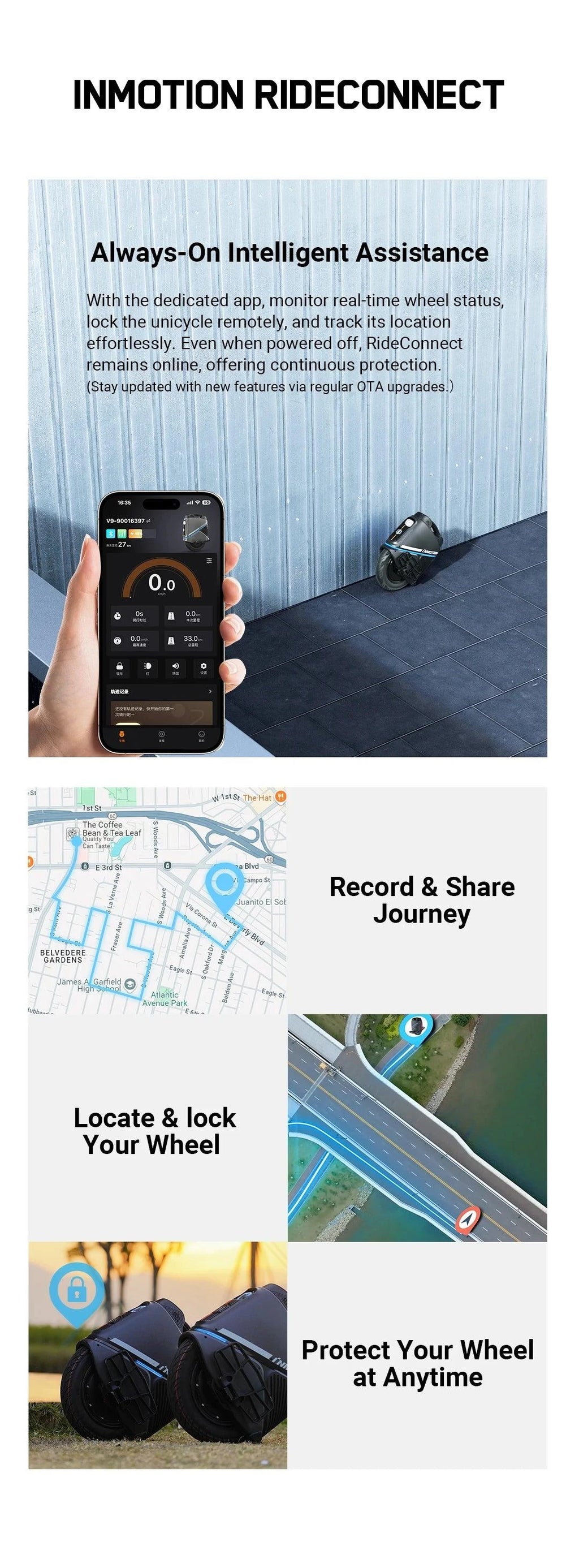 INMOTION RideDisconnect electric unicycle with smartphone app and wheel lock view