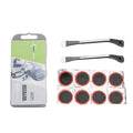 Bike tire repair kit with gray case, two tire levers, plug patches, and repair card