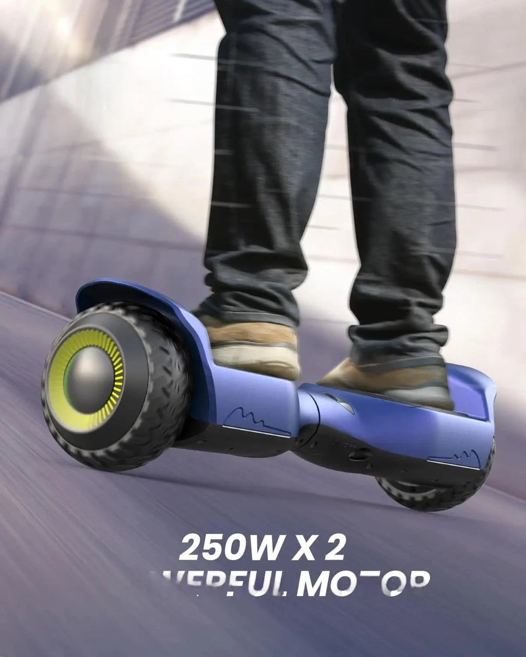 Off-road hoverboard in blue with glowing wheel and rider legs on pavement