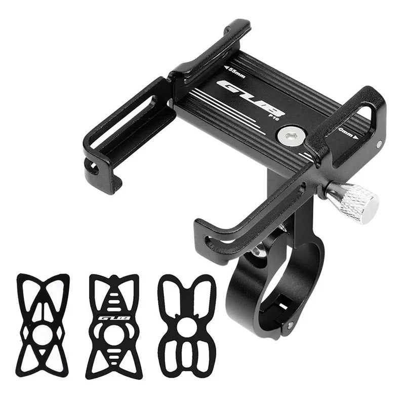 Black aluminum bike phone mount with handlebar clamp and mounting bracket arms