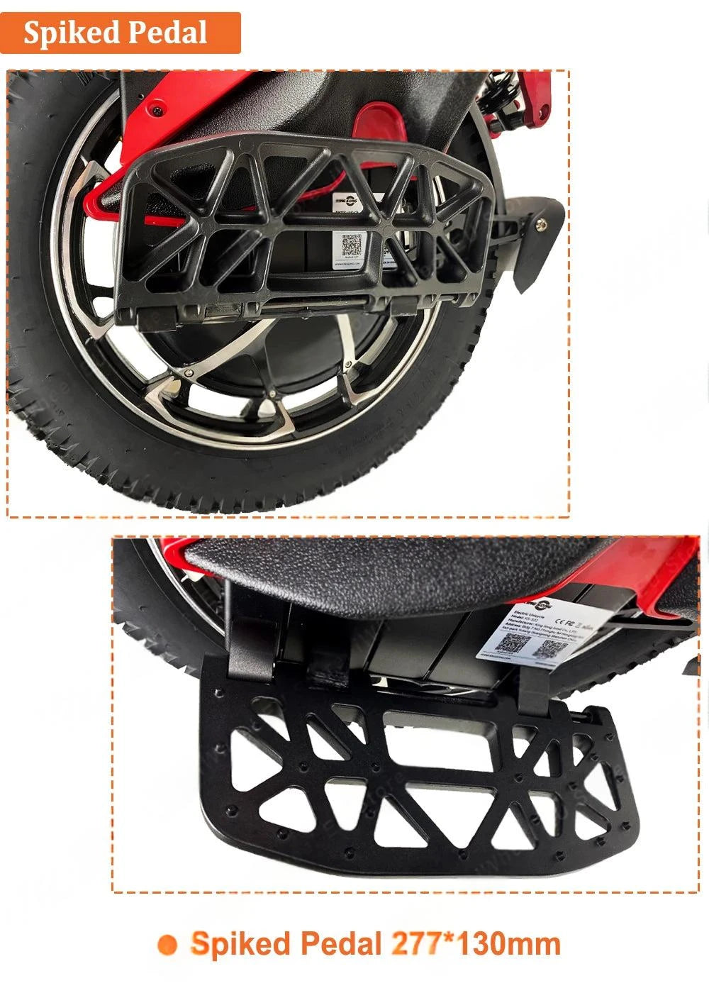 Red and black electric unicycle close-up of spiked pedals and protective pedal frame