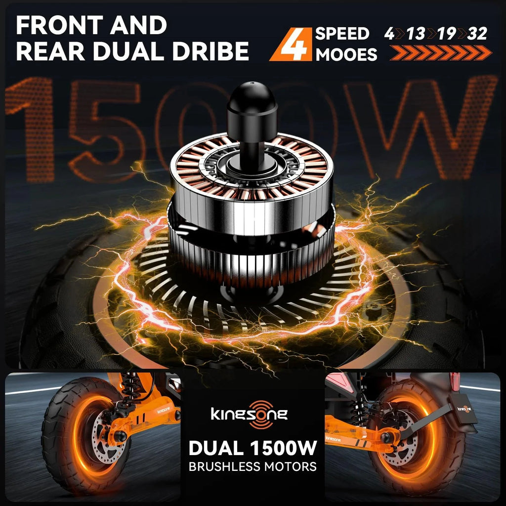 Electric scooter motor and wheel detail with dual-drive drivetrain components