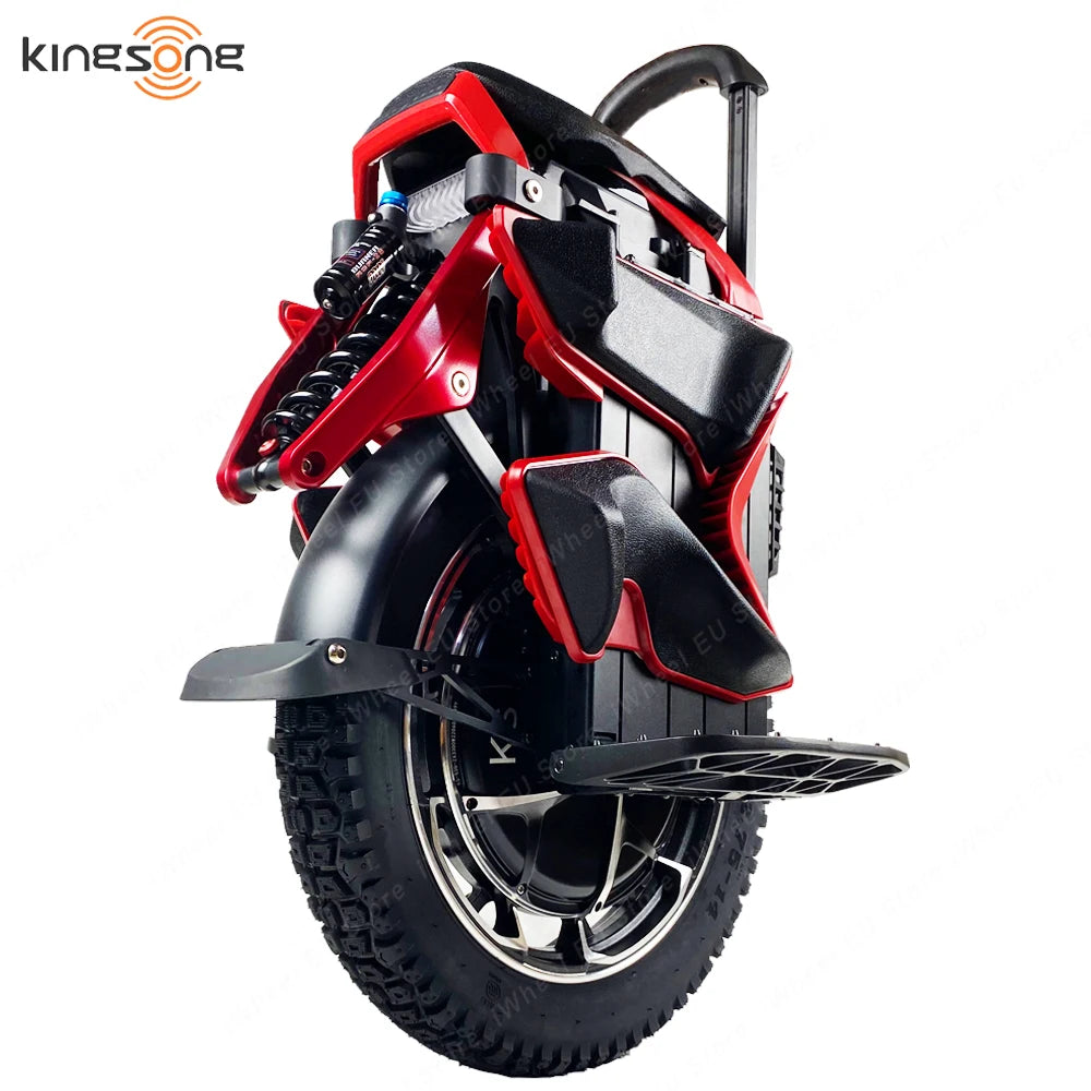 Red and black electric unicycle angled side view with suspension and foot platforms.